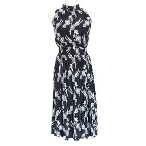 Ann Taylor Petite Black & Ivory Floral Smocked Waist Midi Dress XSP